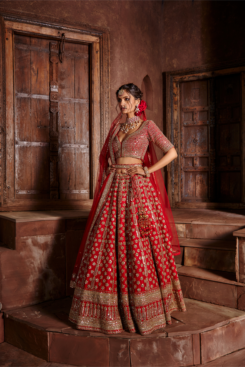 Red Raw Silk Lehenga Set