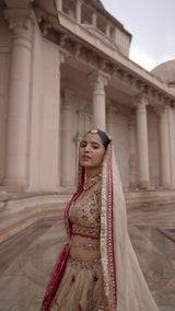 Gold Tissue Lehenga Choli and Belt with contrasting Red Tulle Dupatta and Optional Gold Tissue Second Dupatta