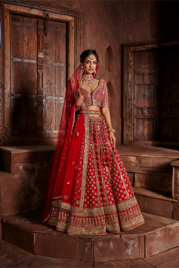 Red Raw Silk Lehenga Set