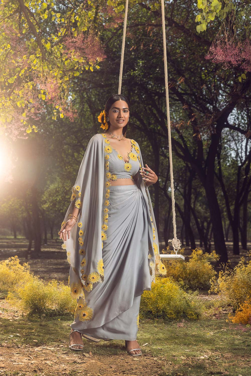 Boss Woman Sunflower Cape With Blouse And Ombre Dhoti Skirt - Aari India