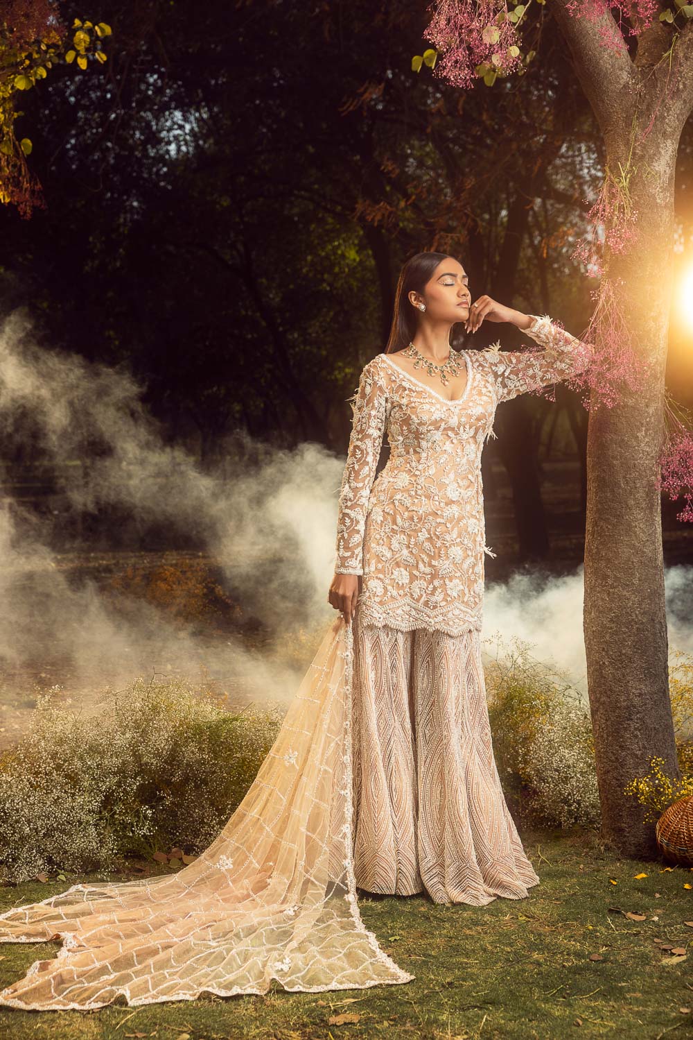 Mocha Net Kurta Sharara Set And Dupatta